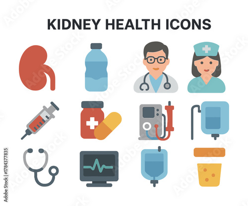 Kidney health icons set featuring medical symbols and healthcare professionals