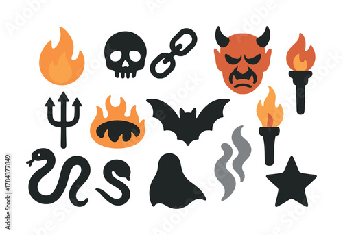 Halloween vector set: fire, skull, devil, bat, snake, ghost, star, trident, chains
