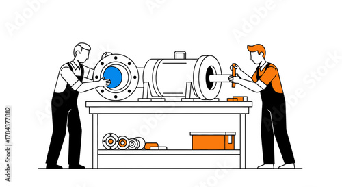 Industrial maintenance repair workers fixing machine illustration