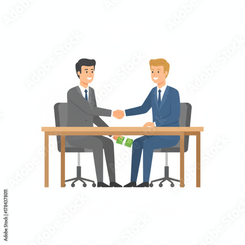 Concept of corruption with two businessmen shaking hands and passing a bribe under the table