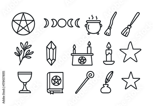 Wiccan symbols collection: pentacle, moon phases, cauldron, broom, herbs, crystal, altar, candles