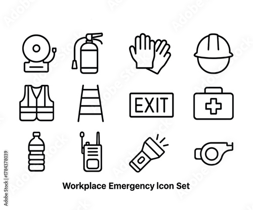 Workplace emergency safety icons: fire, first aid, ppe, exit, ladder, communication