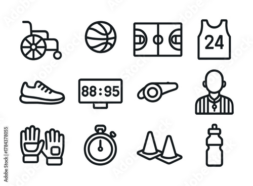 Line icons of sports equipment and accessories: wheelchair, basketball, jersey, whistle, stopwatch