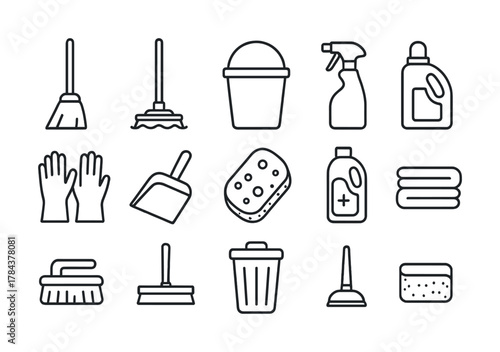 Vector Cleaning tools vector icons set with broom, mop, and spray bottle