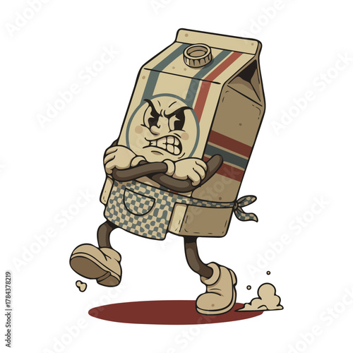 Cartoon Milk Carton Character with Angry Expression and Arms Crossed.