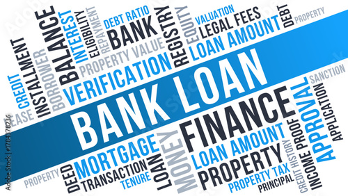 Bank Loan and finance word cloud, bank loan terms like property, interest, and approval