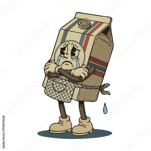 A sad crying vintage cartoon milk carton character with an apron.