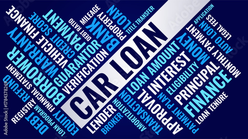 Car Loan and vehicle finance word cloud, car loan terms like interest, principal, and approval concept