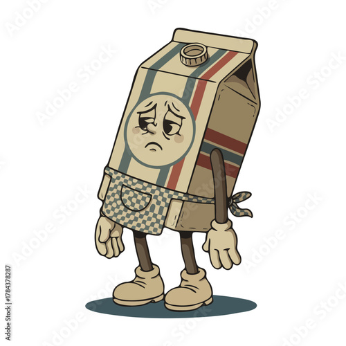Sad Milk Carton Character with Apron and Vintage Design.