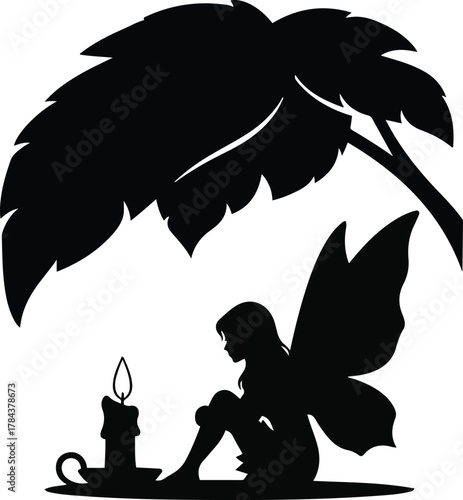 Vector fairy silhouette sitting near candle under a large leaf silhouette illustration