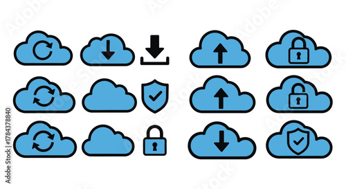 Cloud computing vector icons set for data storage and security