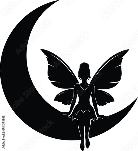 Vector Fairy sitting on crescent moon magical silhouette illustration