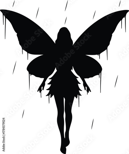 Vector dark fairy with rain drops black silhouette illustration