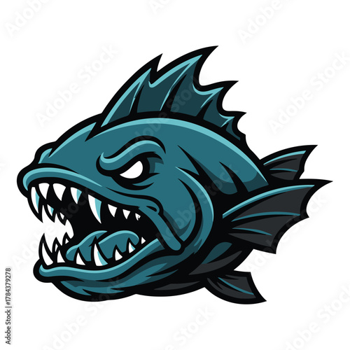 Fierce teal piranha fish with sharp teeth and spiky fins animal marine