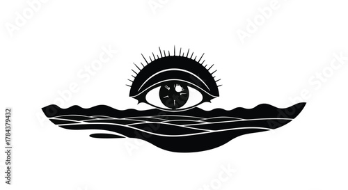 Mysterious all-seeing eye emerges from dark, rippling water under a radiant sunburst.