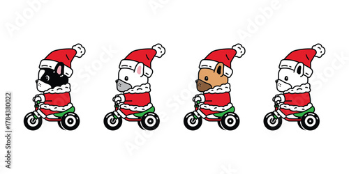 dog vector french bulldog christmas santa claus bicycle icon cartoon character puppy pet doodle symbol illustration isolated design