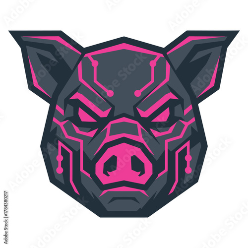 Geometric cybernetic pig head with pink circuit lines and dark gray polygons vector