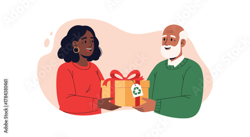 A smiling young Black woman and an older man with a white beard happily exchange a gift box adorned with a recycling symbol, promoting eco-friendly giving.