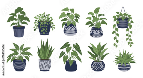 A charming pixel art illustration featuring a diverse collection of ten potted house plants with various green foliage and stylish decorative blue and gray planters.