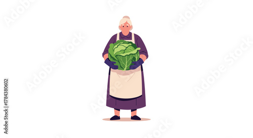 A smiling senior woman, dressed in a purple outfit and apron, proudly displays a large, freshly harvested green cabbage, symbolizing fresh produce and healthy eating.