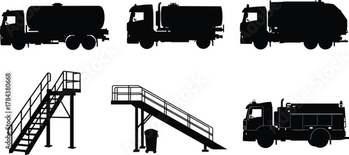 Airport ground service vehicle silhouettes with refueling trucks, stairs, and fire trucks for aviation ground handling and equipment design