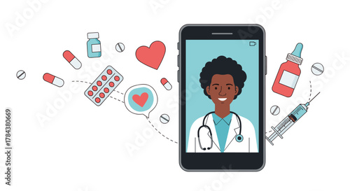 Telehealth concept showing an online doctor consultation on a smartphone with various medical supplies and hearts, emphasizing accessible digital healthcare services.