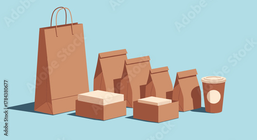 A collection of brown paper takeout bags, boxes, a shopping bag, and a coffee cup with a minimalist design, set against a light blue background.