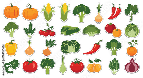A vibrant collection of fresh and healthy vector sticker illustrations featuring a wide variety of colorful fruits and vegetables on a white background.