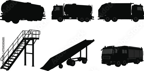 Airport ground service vehicle silhouettes including fuel trucks, fire trucks, catering stairs, and conveyor belt loaders for aviation design