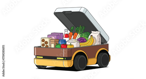 An autonomous delivery robot, with its lid open, reveals a diverse load of fresh groceries, including fruits, vegetables, and packaged goods, highlighting modern automated last-mile delivery.