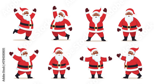 A collection of cheerful African American Santa Claus characters in various joyful poses, perfect for holiday greetings and festive designs.