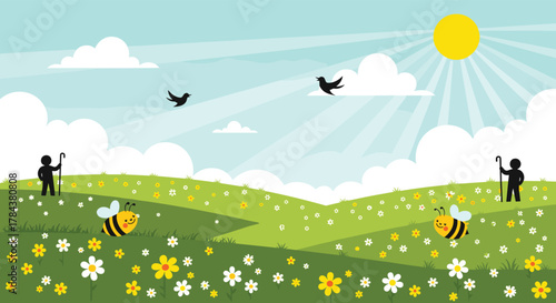 Vibrant cartoon illustration of a sunny spring or summer landscape with rolling green hills, wildflowers, happy bees, flying birds, and two figures with shepherd's crooks.