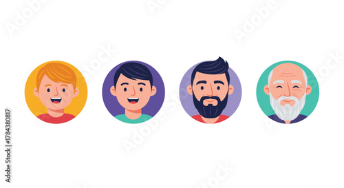 A series of four animated male faces representing different ages from childhood to old age, showcasing the stages of life and generational diversity.