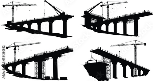 Bridge construction silhouettes with cranes and workers, civil engineering, infrastructure development, overpass building, heavy machinery vector illustration