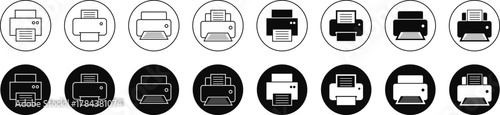 Printer icon set, print device vector collection, modern flat and line outline printer symbols for office, technology, documents, and paper printing, black and white circle button icons pack