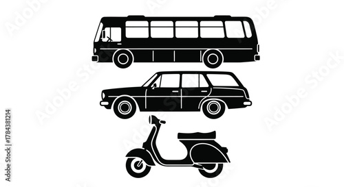 Transportation icons vector bus car and scooter flat design style