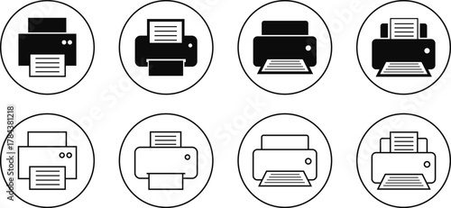 Printer icon set, print device vector collection, modern flat and line outline printer symbols for office, technology, documents, and paper printing, black and white circle button icons pack