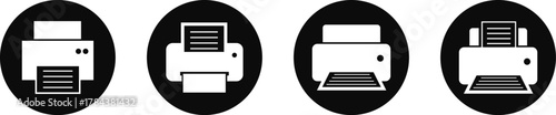 Printer icon set, print device vector collection, modern flat and line outline printer symbols for office, technology, documents, and paper printing, black and white circle button icons pack
