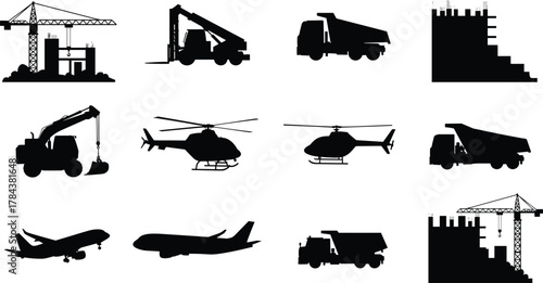 Construction and transportation silhouettes, cranes, dump trucks, excavators, helicopters, airplanes, building site icons, industrial machinery vector illustration, black design elements