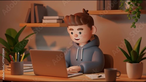 Young man working on laptop in cozy home office with plants and books during daytime