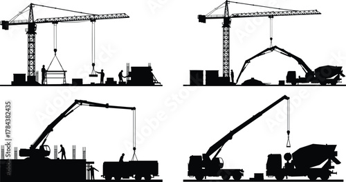 Construction site silhouettes with cranes, concrete mixers, workers, lifting equipment, heavy machinery, industrial building process, black vector illustration design elements