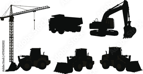 Heavy construction machinery silhouettes, tower crane, excavator, dump truck, bulldozers, industrial loader vehicles, building site equipment, black vector illustration, construction tools