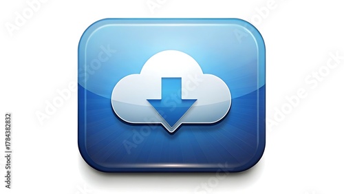 Blue glossy icon depicting a white cloud with a downward pointing arrow