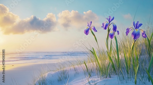 Fototapeta Naklejka Na Ścianę i Meble -  Peaceful seascape with wild irises blooming on beach at sunrise