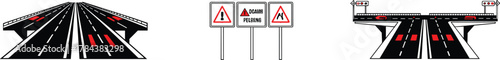 Highway and road infrastructure illustration with bridges, warning signs, traffic lights, and lane markings for transportation and safety design concepts