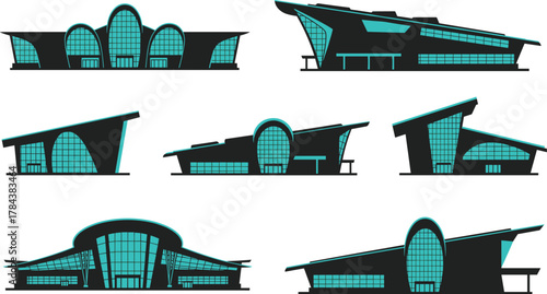 Modern airport terminal architecture set with glass facades and curved roofs, contemporary aviation building designs vector illustration