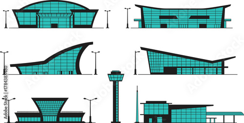 Modern airport terminal buildings and control tower set, contemporary aviation architecture facades with glass and steel structures vector illustration
