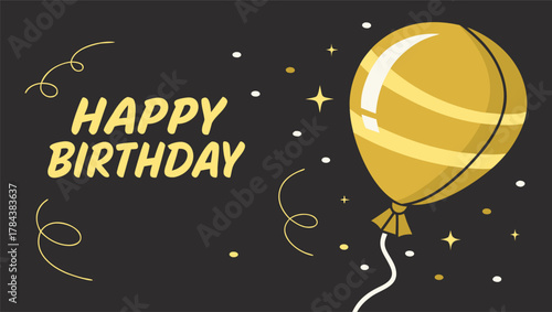 Shiny metallic gold balloon with detailed reflections and depth, bold elegant Happy Birthday typography, floating glitter confetti, sparkling light effects, luxurious celebration theme, premium 