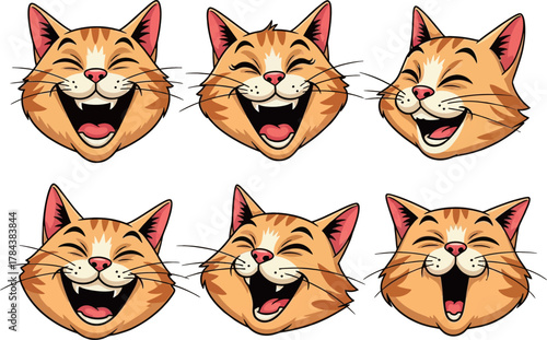 Six cartoon orange tabby cat faces with happy laughing expressions.
