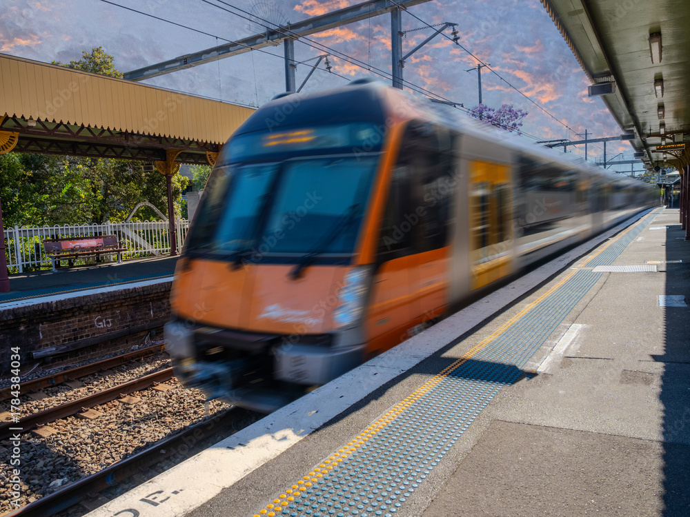 Fototapeta premium Passenger Train going through Summer Hill train station a suburban Sydney train Station NSW Australia